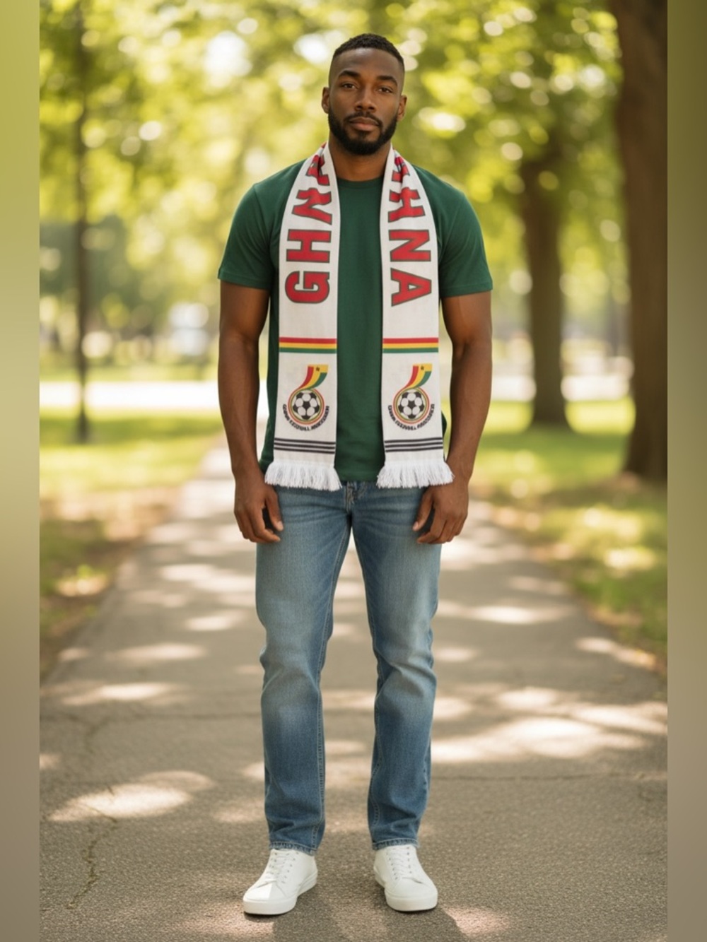 Ghana Soccer Fan Scarf - White with Red & Green Accents